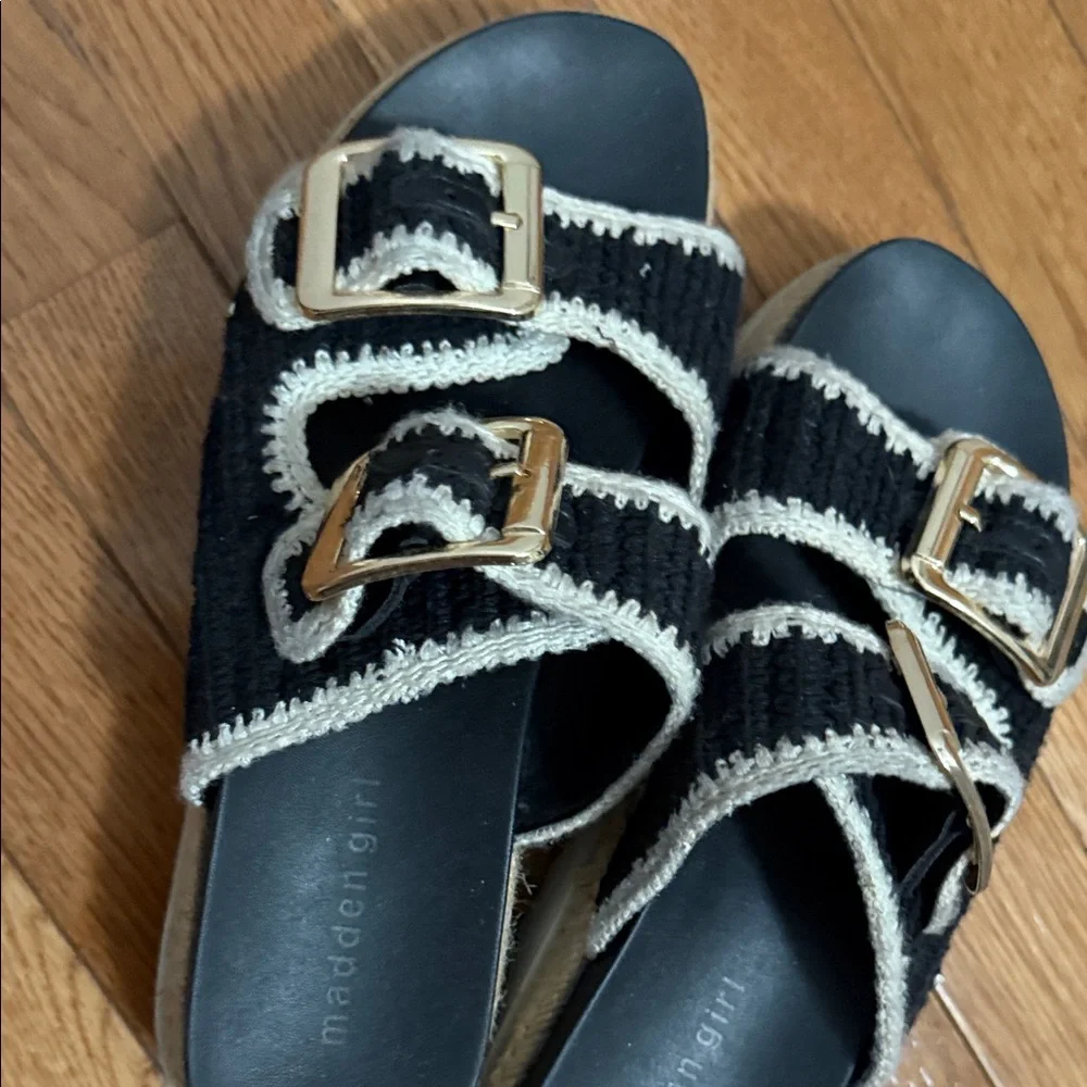 Madden Girl Black and Cream Buckle Sandals - Picture 6 of 8
